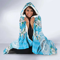 Hawaii Cyan Palaka Hooded Blanket With Tapa Pattern Tropical Flowers - Polynesian Pride