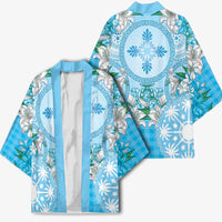 Hawaii Cyan Palaka Kimono With Tapa Pattern Tropical Flowers - Polynesian Pride