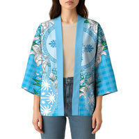 Hawaii Cyan Palaka Kimono With Tapa Pattern Tropical Flowers - Polynesian Pride