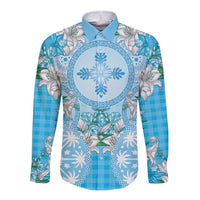 Hawaii Cyan Palaka Long Sleeve Button Shirt With Tapa Pattern Tropical Flowers - Polynesian Pride