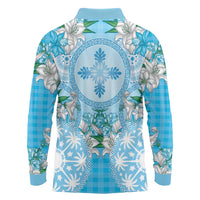 Hawaii Cyan Palaka Long Sleeve Polo Shirt With Tapa Pattern Tropical Flowers - Polynesian Pride