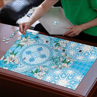 Hawaii Cyan Palaka Puzzle With Tapa Pattern Tropical Flowers - Polynesian Pride