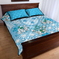 Hawaii Cyan Palaka Quilt Bed Set With Tapa Pattern Tropical Flowers - Polynesian Pride