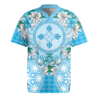 Hawaii Cyan Palaka Rugby Jersey With Tapa Pattern Tropical Flowers - Polynesian Pride