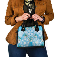 Hawaii Cyan Palaka Shoulder Handbag With Tapa Pattern Tropical Flowers - Polynesian Pride