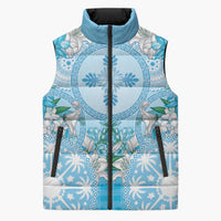Hawaii Cyan Palaka Sleeveless Puffer Jacket With Tapa Pattern Tropical Flowers - Polynesian Pride