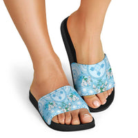 Hawaii Cyan Palaka Slide Sandals With Tapa Pattern Tropical Flowers - Polynesian Pride