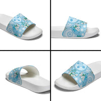 Hawaii Cyan Palaka Slide Sandals With Tapa Pattern Tropical Flowers - Polynesian Pride