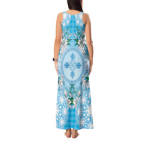 Hawaii Cyan Palaka Tank Maxi Dress With Tapa Pattern Tropical Flowers - Polynesian Pride