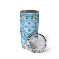 Hawaii Cyan Palaka Tumbler Cup With Tapa Pattern Tropical Flowers - Polynesian Pride