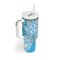 Hawaii Cyan Palaka Tumbler With Handle With Tapa Pattern Tropical Flowers - Polynesian Pride