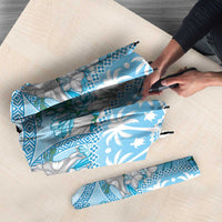 Hawaii Cyan Palaka Umbrella With Tapa Pattern Tropical Flowers - Polynesian Pride