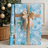 Hawaii Cyan Palaka Wrapping Paper With Tapa Pattern Tropical Flowers - Polynesian Pride