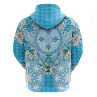 Hawaii Cyan Palaka Zip Hoodie With Tapa Pattern Tropical Flowers - Polynesian Pride