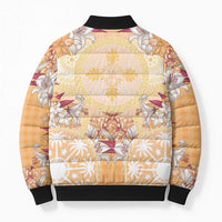 Hawaii Peach Palaka Bomber Puffer Jacket With Tapa Pattern Tropical Flowers - Polynesian Pride