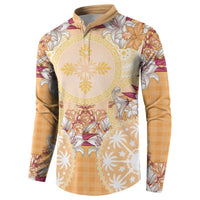 Hawaii Peach Palaka Button Sweatshirt With Tapa Pattern Tropical Flowers - Polynesian Pride