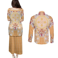 Hawaii Peach Palaka Couples Matching Puletasi and Long Sleeve Button Shirt With Tapa Pattern Tropical Flowers - Polynesian Pride
