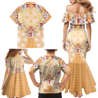 Hawaii Peach Palaka Family Matching Mermaid Dress and Hawaiian Shirt With Tapa Pattern Tropical Flowers - Polynesian Pride