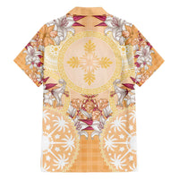 Hawaii Peach Palaka Family Matching Off The Shoulder Long Sleeve Dress and Hawaiian Shirt With Tapa Pattern Tropical Flowers - Polynesian Pride
