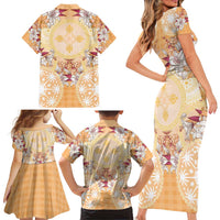 Hawaii Peach Palaka Family Matching Short Sleeve Bodycon Dress and Hawaiian Shirt With Tapa Pattern Tropical Flowers - Polynesian Pride