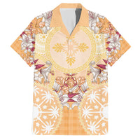 Hawaii Peach Palaka Family Matching Short Sleeve Bodycon Dress and Hawaiian Shirt With Tapa Pattern Tropical Flowers - Polynesian Pride