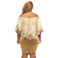 Hawaii Peach Palaka Off Shoulder Short Dress With Tapa Pattern Tropical Flowers - Polynesian Pride