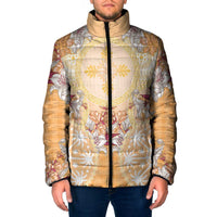 Hawaii Peach Palaka Padded Jacket With Tapa Pattern Tropical Flowers - Polynesian Pride