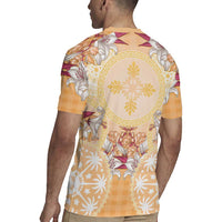 Hawaii Peach Palaka Rugby Jersey With Tapa Pattern Tropical Flowers - Polynesian Pride