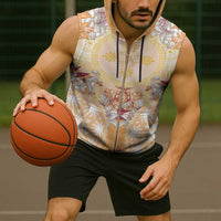 Hawaii Peach Palaka Sleeveless Zip Hoodie With Tapa Pattern Tropical Flowers - Polynesian Pride