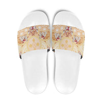 Hawaii Peach Palaka Slide Sandals With Tapa Pattern Tropical Flowers - Polynesian Pride