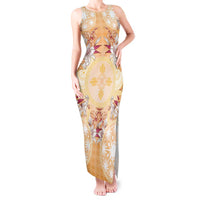 Hawaii Peach Palaka Tank Maxi Dress With Tapa Pattern Tropical Flowers - Polynesian Pride