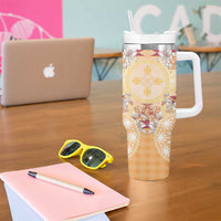 Hawaii Peach Palaka Tumbler With Handle With Tapa Pattern Tropical Flowers - Polynesian Pride
