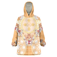 Hawaii Peach Palaka Wearable Blanket Hoodie With Tapa Pattern Tropical Flowers - Polynesian Pride
