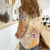 Hawaii Peach Palaka Women Casual Shirt With Tapa Pattern Tropical Flowers - Polynesian Pride