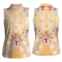 Hawaii Peach Palaka Women Sleeveless Polo Shirt With Tapa Pattern Tropical Flowers - Polynesian Pride