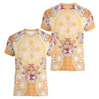 Hawaii Peach Palaka Women V-Neck T-Shirt With Tapa Pattern Tropical Flowers - Polynesian Pride