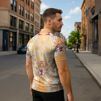 Hawaii Peach Palaka Zipper Polo Shirt With Tapa Pattern Tropical Flowers - Polynesian Pride