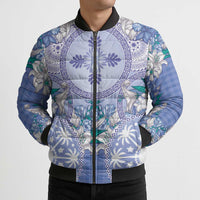 Hawaii Violet Palaka Bomber Puffer Jacket With Tapa Pattern Tropical Flowers - Polynesian Pride