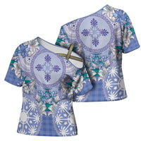 Hawaii Violet Palaka Cross Shoulder Shirt With Tapa Pattern Tropical Flowers - Polynesian Pride