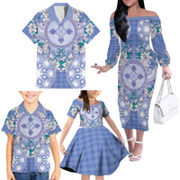 Hawaii Violet Palaka Family Matching Off The Shoulder Long Sleeve Dress and Hawaiian Shirt With Tapa Pattern Tropical Flowers - Polynesian Pride