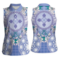 Hawaii Violet Palaka Women Sleeveless Polo Shirt With Tapa Pattern Tropical Flowers - Polynesian Pride
