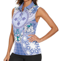 Hawaii Violet Palaka Women Sleeveless Polo Shirt With Tapa Pattern Tropical Flowers - Polynesian Pride