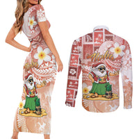 Hawaii Mele Kalikimaka Couples Matching Short Sleeve Bodycon Dress and Long Sleeve Button Shirt Hula Santa Retro Style Red - Polynesian Pride