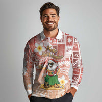 Hawaii Mele Kalikimaka Long Sleeve Polo Shirt Hula Santa Retro Style Red - Polynesian Pride