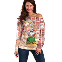Hawaii Mele Kalikimaka Off Shoulder Sweater Hula Santa Retro Style Red - Polynesian Pride