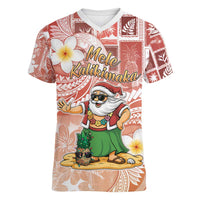 Hawaii Mele Kalikimaka Women V-Neck T-Shirt Hula Santa Retro Style Red - Polynesian Pride