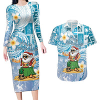 Hawaii Mele Kalikimaka Couples Matching Long Sleeve Bodycon Dress and Hawaiian Shirt Hula Santa Retro Style Blue - Polynesian Pride