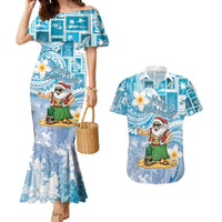 Hawaii Mele Kalikimaka Couples Matching Mermaid Dress and Hawaiian Shirt Hula Santa Retro Style Blue - Polynesian Pride