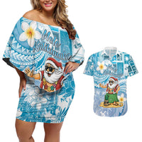 Hawaii Mele Kalikimaka Couples Matching Off Shoulder Short Dress and Hawaiian Shirt Hula Santa Retro Style Blue - Polynesian Pride