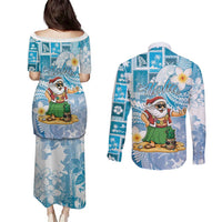 Hawaii Mele Kalikimaka Couples Matching Puletasi and Long Sleeve Button Shirt Hula Santa Retro Style Blue - Polynesian Pride